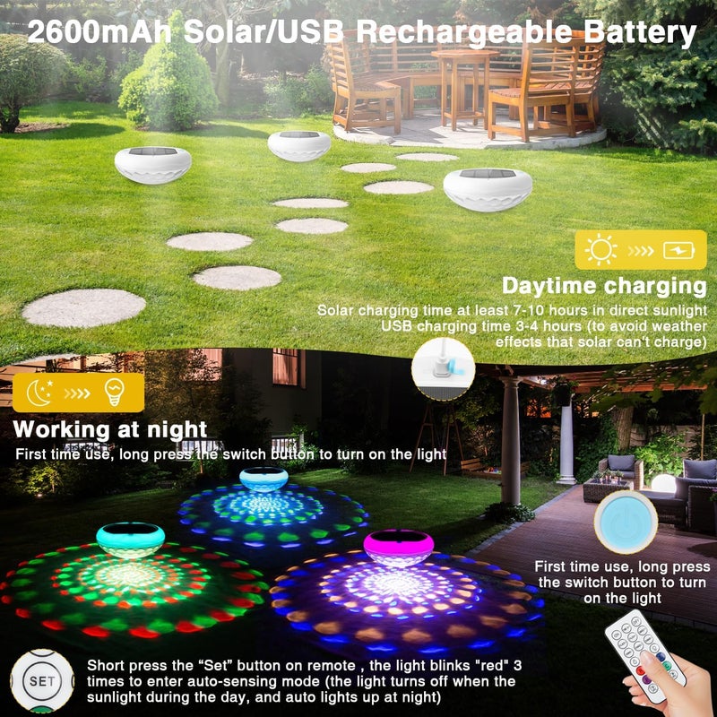 QOLNBY Pool Lights, 2-in-1 Solar USB Rechargeable Floating Pool Lights, 6.69 Inch 2600mAh IP68 Waterproof 6 Dynamic Modes Upper and Lower Color Changing Hangable Solar Floating Light for Pools 1 PCS - Image 4